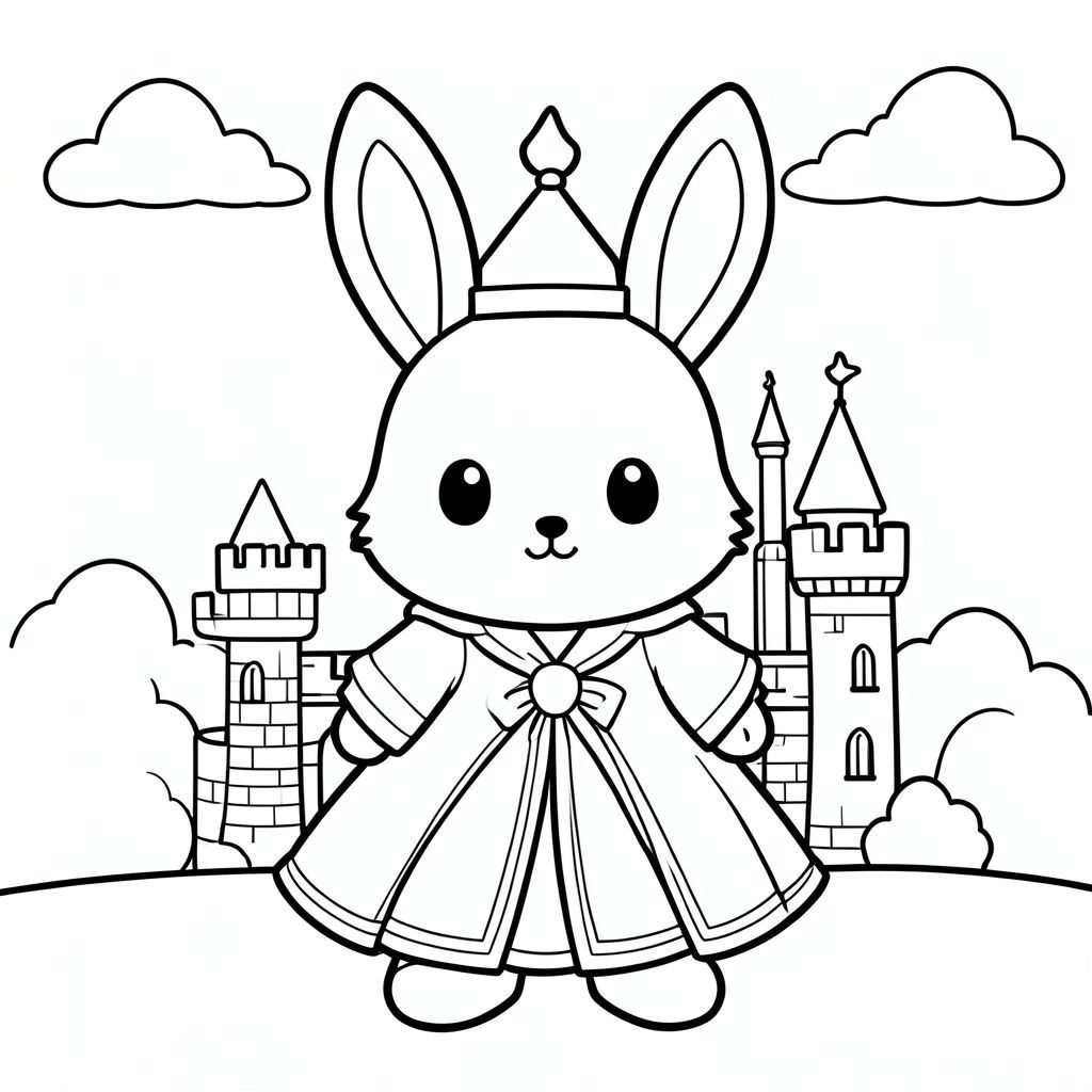 Kawaii bunny in a castle dressed as a prince/princess, simple background, vector style, black and white, coloring book page, no shading, thick clean outlines, white background