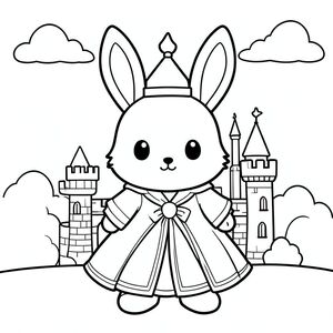 Kawaii bunny in a castle dressed as a prince/princess, simple background, vector style, black and white, coloring book page, no shading, thick clean outlines, white background