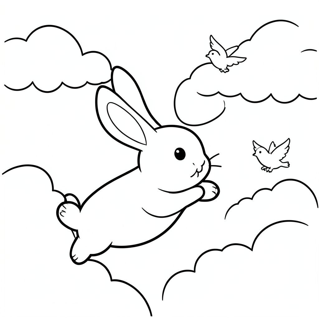 Bunny flying with birds in the sky, clouds, minimal details, black and white, vector style, black and white, coloring book page, no shading, thick clean outlines, white background
