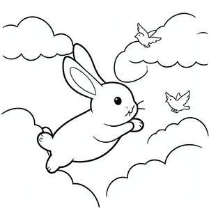 Bunny flying with birds in the sky, clouds, minimal details, black and white, vector style, black and white, coloring book page, no shading, thick clean outlines, white background
