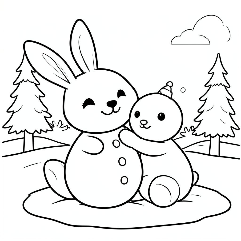 Cute bunny making a snowman, winter scene, clean outlines, vector style, black and white, coloring book page, no shading, thick clean outlines, white background