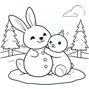 Cute bunny making a snowman, winter scene, clean outlines, vector style, black and white, coloring book page, no shading, thick clean outlines, white background