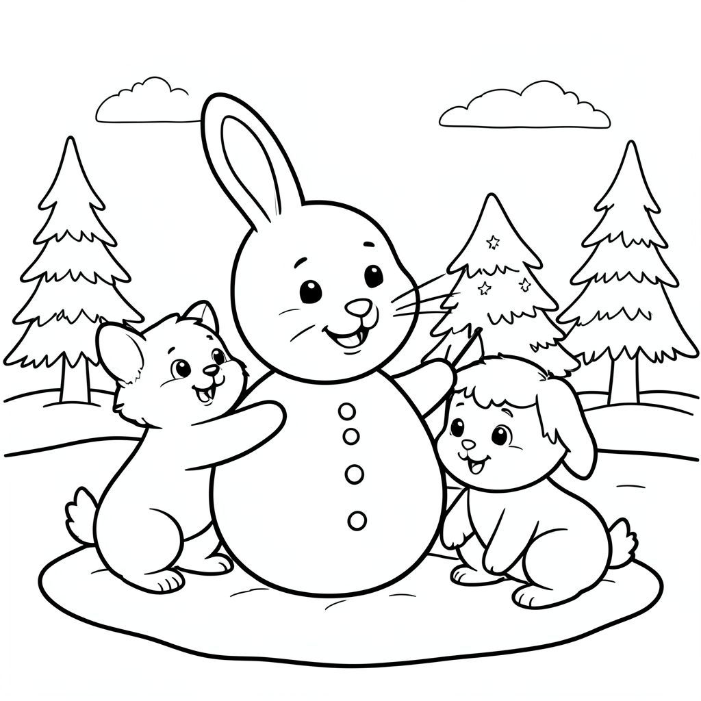Cute happy bunny making a snowman with friends , winter scene, clean outlines, vector style, black and white, coloring book page, no shading, thick clean outlines, white background