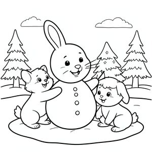 Cute happy bunny making a snowman with friends , winter scene, clean outlines, vector style, black and white, coloring book page, no shading, thick clean outlines, white background