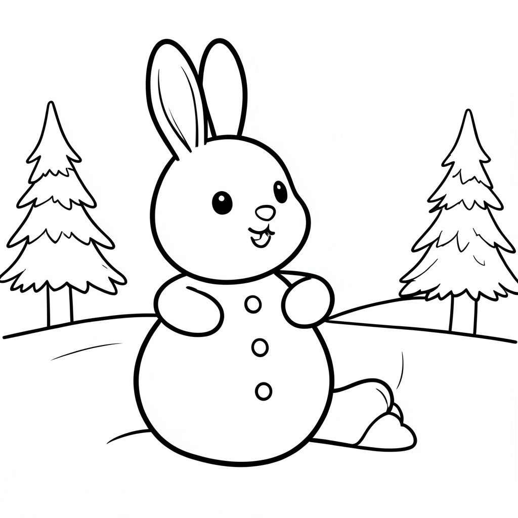 Cute bunny making a snowman with both of his hands, winter scene, clean outlines, vector style, black and white, coloring book page, no shading, thick clean outlines, white background