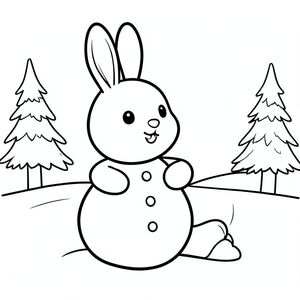Cute bunny making a snowman with both of his hands, winter scene, clean outlines, vector style, black and white, coloring book page, no shading, thick clean outlines, white background