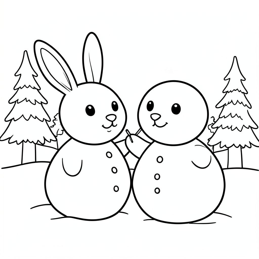 Cute bunny making a snowman next to him , winter scene, clean outlines, vector style, black and white, coloring book page, no shading, thick clean outlines, white background