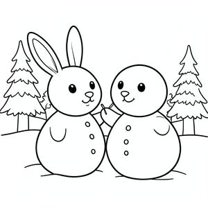 Cute bunny making a snowman next to him , winter scene, clean outlines, vector style, black and white, coloring book page, no shading, thick clean outlines, white background