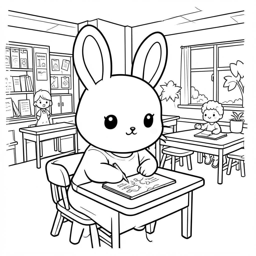 Kawaii bunny at school, writing and drawing, simple classroom scene, vector style, black and white, coloring book page, no shading, thick clean outlines, white background