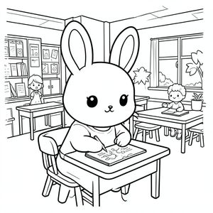 Kawaii bunny at school, writing and drawing, simple classroom scene, vector style, black and white, coloring book page, no shading, thick clean outlines, white background