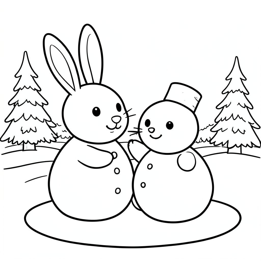 Cute bunny building a snowman, winter scene, clean outlines, vector style, black and white, coloring book page, no shading, thick clean outlines, white background
