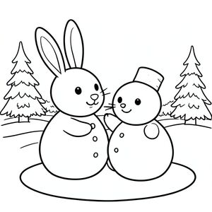 Cute bunny building a snowman, winter scene, clean outlines, vector style, black and white, coloring book page, no shading, thick clean outlines, white background