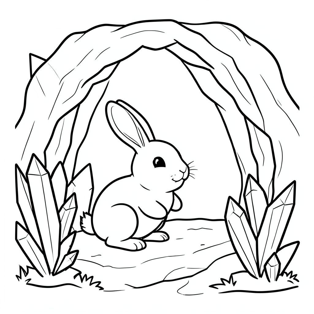 Bunny exploring a cave with crystals, cute and not scary, bold lines, vector style, black and white, coloring book page, no shading, thick clean outlines, white background