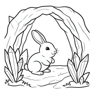 Bunny exploring a cave with crystals, cute and not scary, bold lines, vector style, black and white, coloring book page, no shading, thick clean outlines, white background