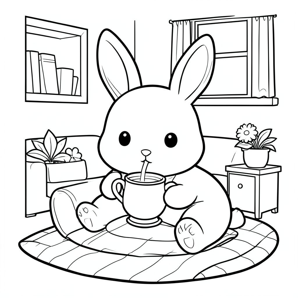 Kawaii bunny relaxing at home drinking tea, cozy scene, coloring page style, vector style, black and white, coloring book page, no shading, thick clean outlines, white background