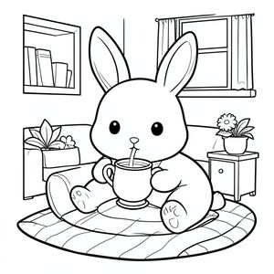 Kawaii bunny relaxing at home drinking tea, cozy scene, coloring page style, vector style, black and white, coloring book page, no shading, thick clean outlines, white background