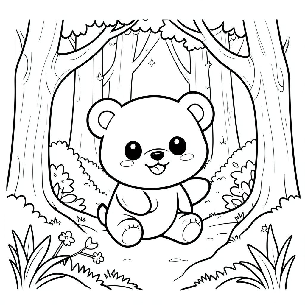 Cute kawaii bear exploring a magical forest, simple line art, big eyes, smiling, vector style, black and white, coloring book page, no shading, thick clean outlines, white background