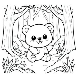 Cute kawaii bear exploring a magical forest, simple line art, big eyes, smiling, vector style, black and white, coloring book page, no shading, thick clean outlines, white background