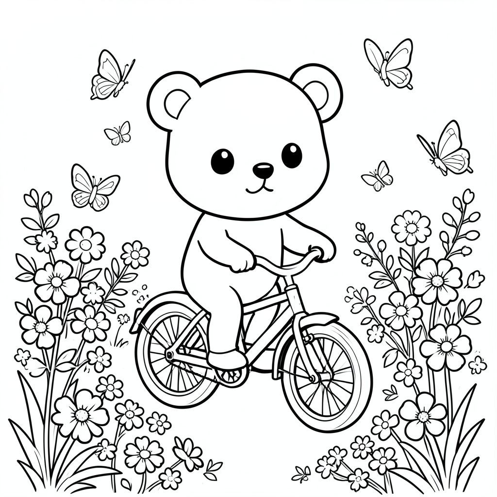 Kawaii bear riding a bicycle through a flower garden, butterflies around, vector style, black and white, coloring book page, no shading, thick clean outlines, white background