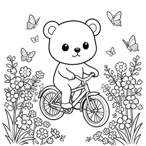 Kawaii bear riding a bicycle through a flower garden, butterflies around, vector style, black and white, coloring book page, no shading, thick clean outlines, white background
