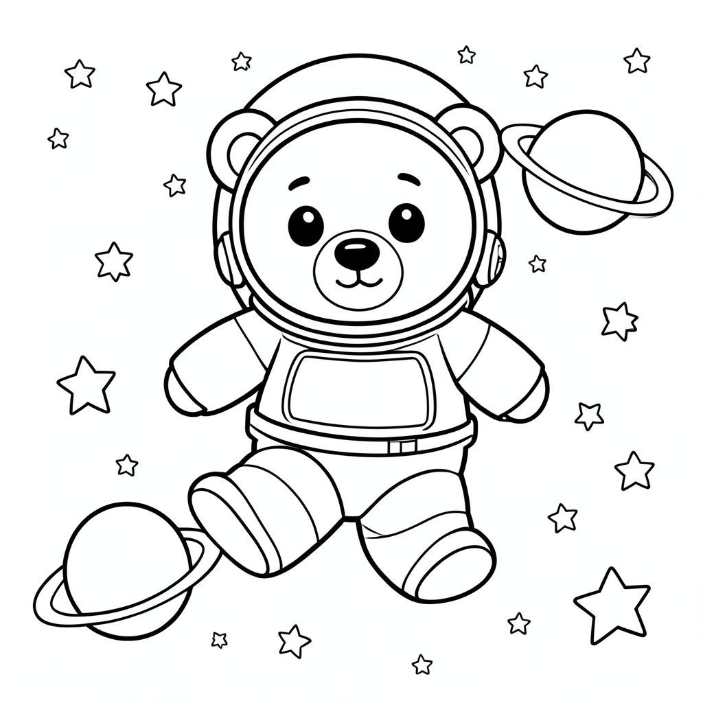 Adorable bear astronaut floating in space with stars and planets, kawaii style, vector style, black and white, coloring book page, no shading, thick clean outlines, white background