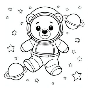 Adorable bear astronaut floating in space with stars and planets, kawaii style, vector style, black and white, coloring book page, no shading, thick clean outlines, white background