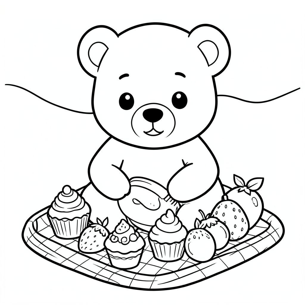 Bear having a picnic with cupcakes and fruits, kawaii style, simple background, vector style, black and white, coloring book page, no shading, thick clean outlines, white background