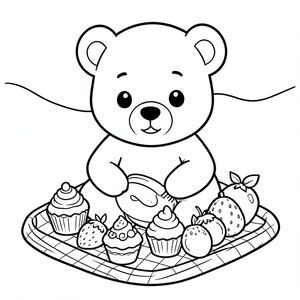 Bear having a picnic with cupcakes and fruits, kawaii style, simple background, vector style, black and white, coloring book page, no shading, thick clean outlines, white background