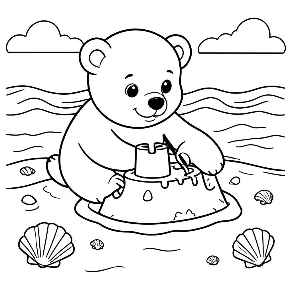 Cute bear building a sandcastle at the beach, seashells and waves, vector style, black and white, coloring book page, no shading, thick clean outlines, white background
