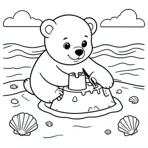 Cute bear building a sandcastle at the beach, seashells and waves, vector style, black and white, coloring book page, no shading, thick clean outlines, white background