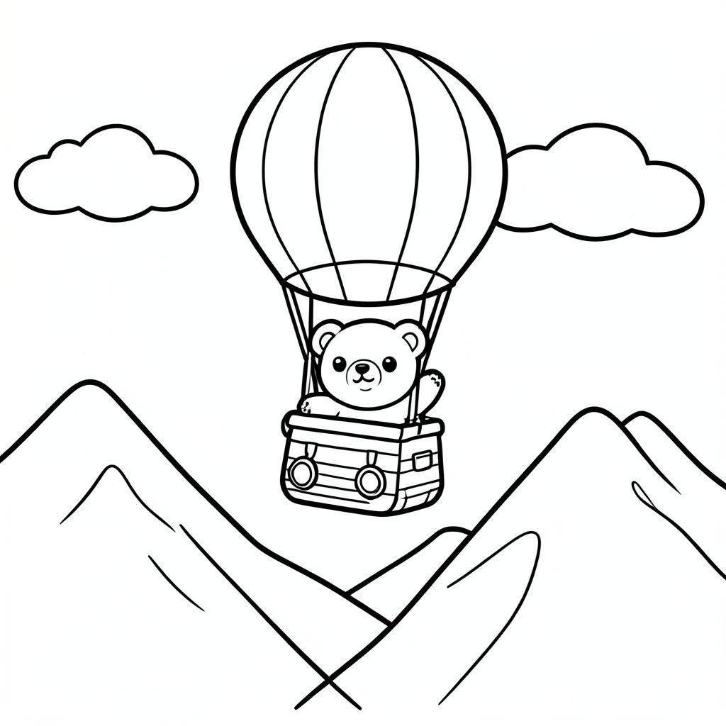 Kawaii bear flying a hot air balloon over mountains, simple shapes, vector style, black and white, coloring book page, no shading, thick clean outlines, white background