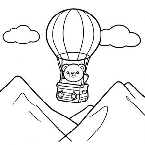 Kawaii bear flying a hot air balloon over mountains, simple shapes, vector style, black and white, coloring book page, no shading, thick clean outlines, white background