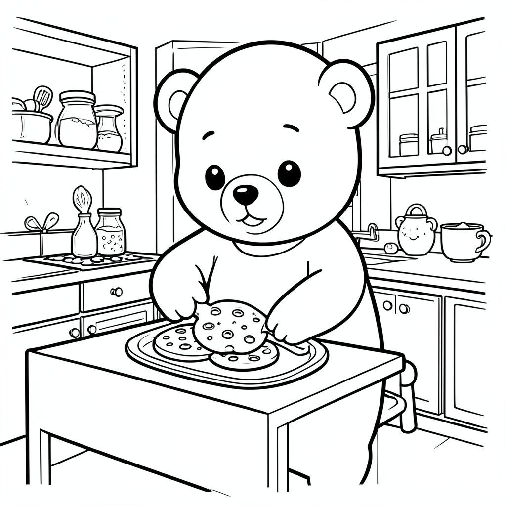 Bear baking cookies in a cozy kitchen, kawaii style, minimal details, vector style, black and white, coloring book page, no shading, thick clean outlines, white background