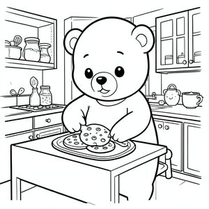 Bear baking cookies in a cozy kitchen, kawaii style, minimal details, vector style, black and white, coloring book page, no shading, thick clean outlines, white background
