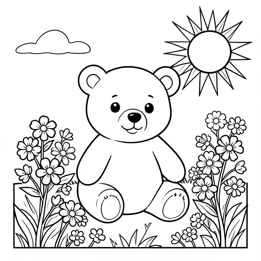 Cute bear painting on a canvas outdoors, flowers and sun, vector style, black and white, coloring book page, no shading, thick clean outlines, white background