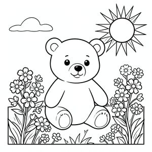 Cute bear painting on a canvas outdoors, flowers and sun, vector style, black and white, coloring book page, no shading, thick clean outlines, white background