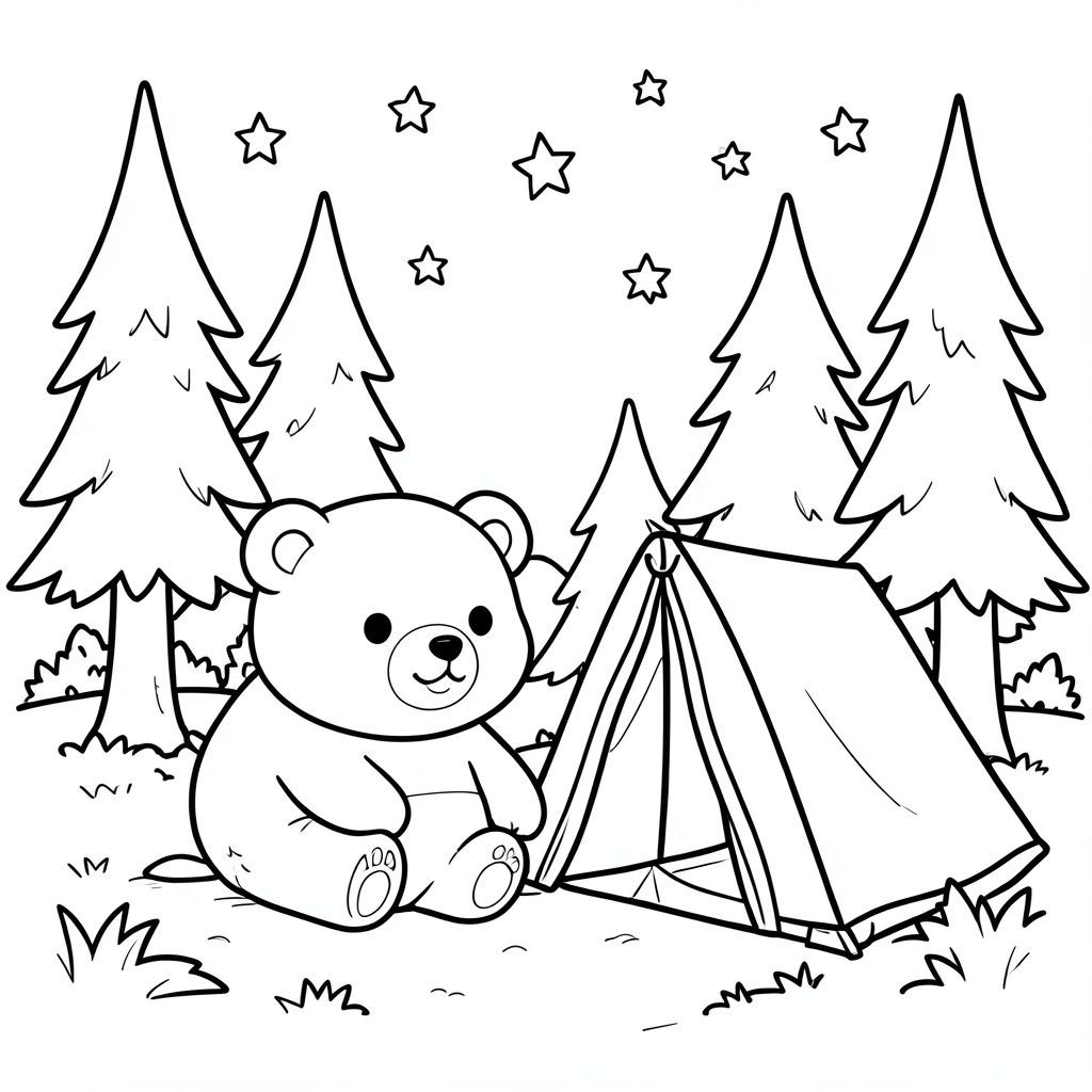 Kawaii bear camping in a forest, tent, stars in sky, vector style, black and white, coloring book page, no shading, thick clean outlines, white background