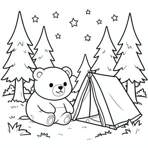 Kawaii bear camping in a forest, tent, stars in sky, vector style, black and white, coloring book page, no shading, thick clean outlines, white background