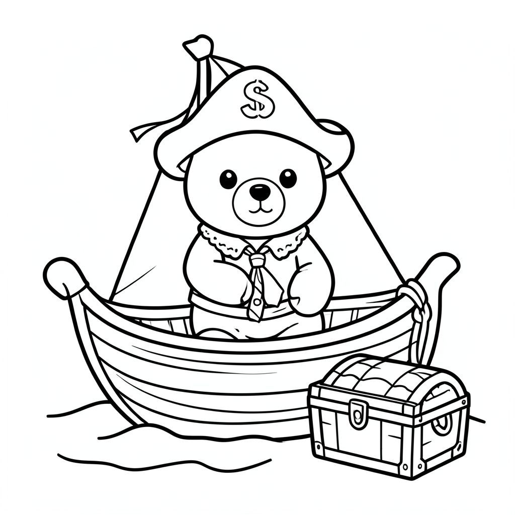 Bear dressed as a pirate sailing a small boat, treasure chest nearby, kawaii style, vector style, black and white, coloring book page, no shading, thick clean outlines, white background