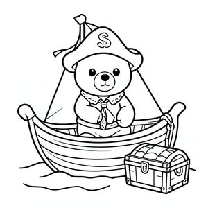 Bear dressed as a pirate sailing a small boat, treasure chest nearby, kawaii style, vector style, black and white, coloring book page, no shading, thick clean outlines, white background