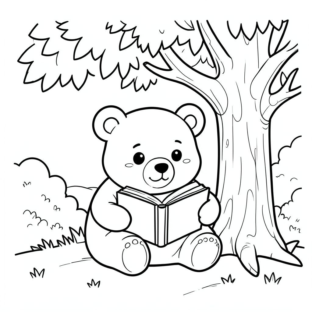 Cute bear reading a book under a tree, peaceful scene, vector style, black and white, coloring book page, no shading, thick clean outlines, white background