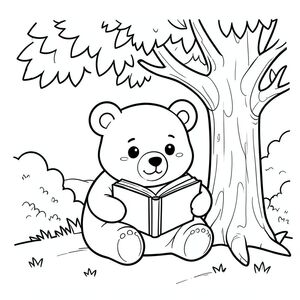 Cute bear reading a book under a tree, peaceful scene, vector style, black and white, coloring book page, no shading, thick clean outlines, white background