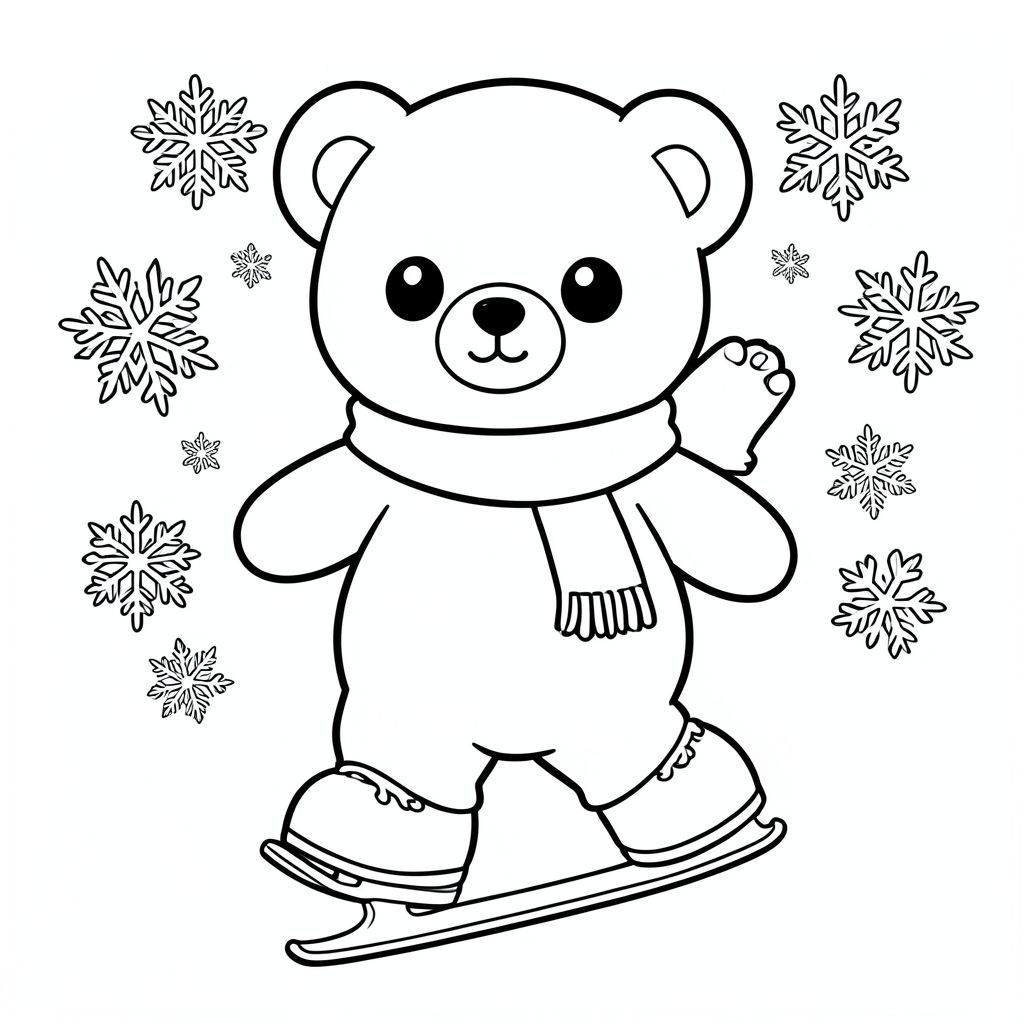 Kawaii bear ice skating in winter, snowflakes, scarf, vector style, black and white, coloring book page, no shading, thick clean outlines, white background