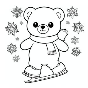 Kawaii bear ice skating in winter, snowflakes, scarf, vector style, black and white, coloring book page, no shading, thick clean outlines, white background