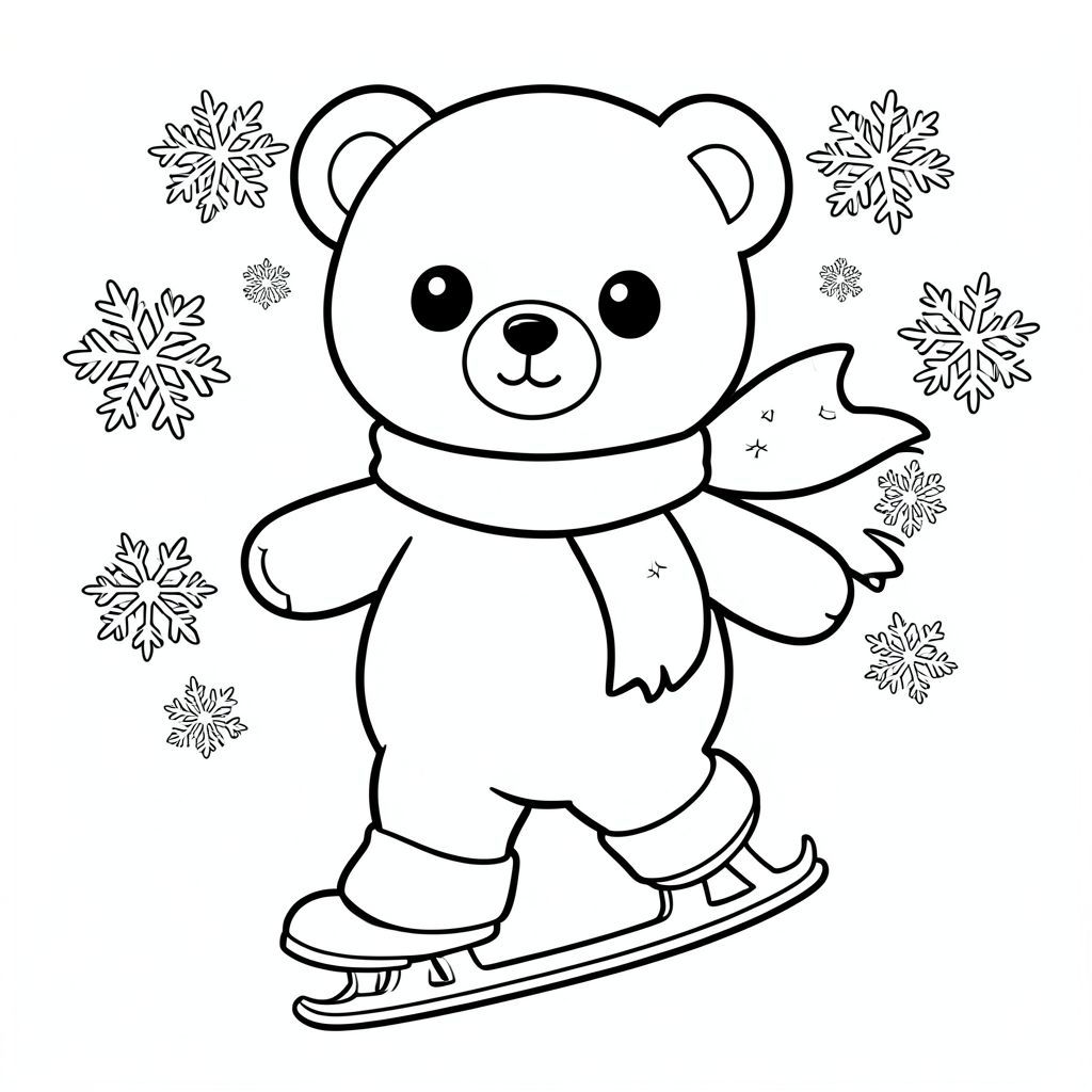 Kawaii bear ice skating in winter, snowflakes,long scarf, vector style, black and white, coloring book page, no shading, thick clean outlines, white background