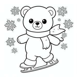 Kawaii bear ice skating in winter, snowflakes,long scarf, vector style, black and white, coloring book page, no shading, thick clean outlines, white background