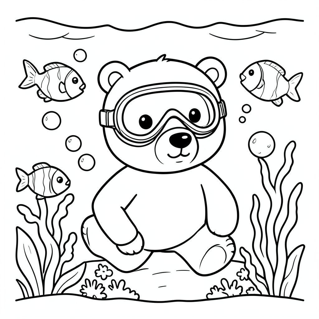 Bear exploring underwater with fish and bubbles, wearing diving mask, kawaii style, vector style, black and white, coloring book page, no shading, thick clean outlines, white background