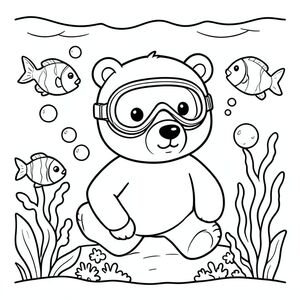 Bear exploring underwater with fish and bubbles, wearing diving mask, kawaii style, vector style, black and white, coloring book page, no shading, thick clean outlines, white background