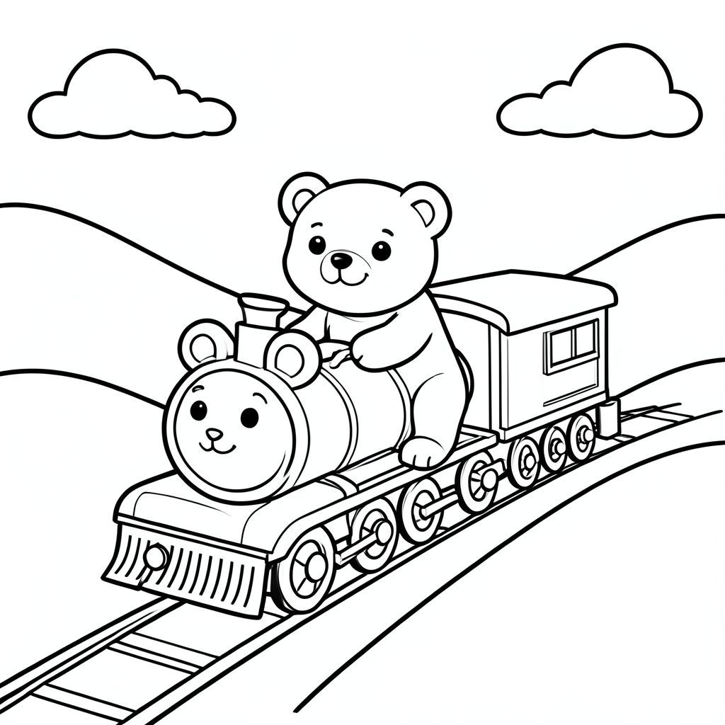 Cute bear riding a train through hills, simple shapes, vector style, black and white, coloring book page, no shading, thick clean outlines, white background