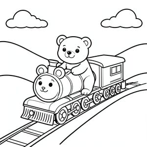 Cute bear riding a train through hills, simple shapes, vector style, black and white, coloring book page, no shading, thick clean outlines, white background